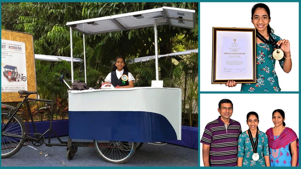 Vinisha Umashankar with her invention - Solar Ironing Cart, her Award, and parents Umashankar & Sangeetha