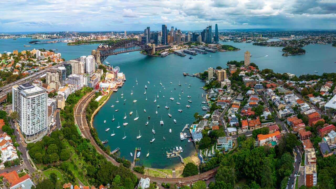 Panorama Aerial view Scene of Lavender Bay, Sydney Harbour Bridge, Circular Quay and Sydney Daring Habor Office and Luxury Building group
