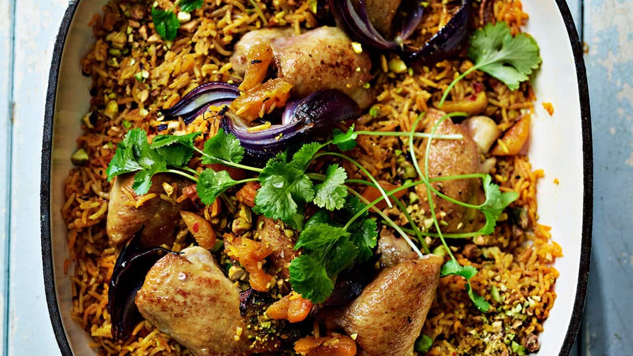 One-pot rose harissa chicken and apricot pilaf