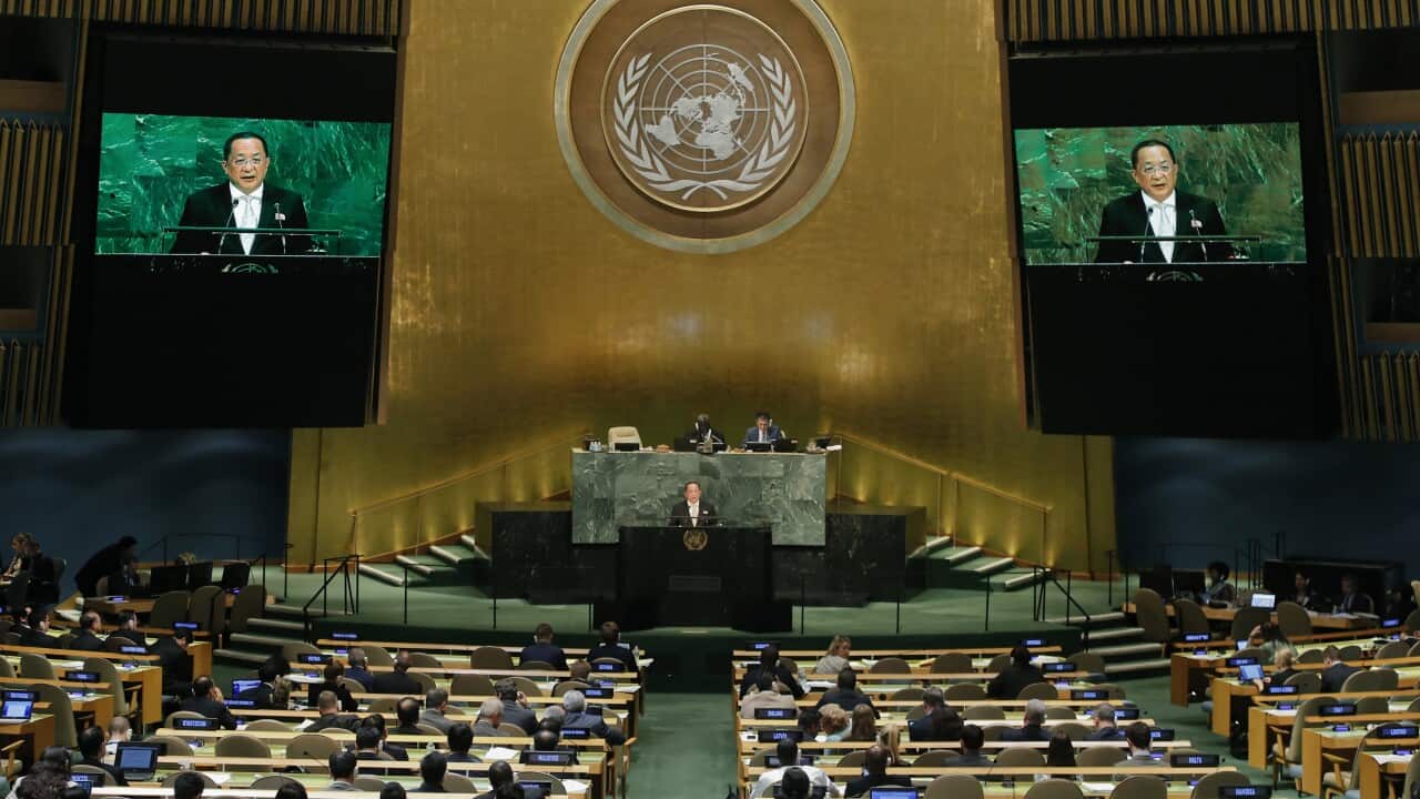 North Korea's minister for foreign affairs Ri Yong Ho speaks at the United Nations General Assembly.