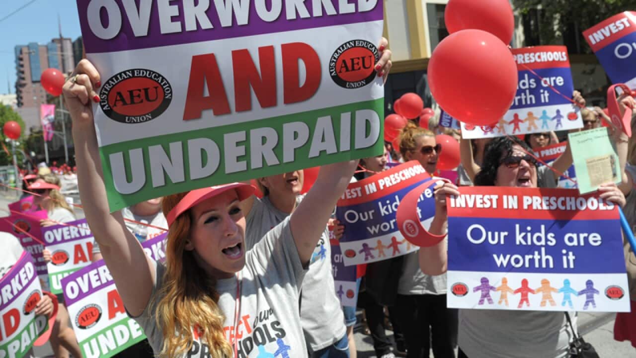 Preschool teachers rally in Melbourne.