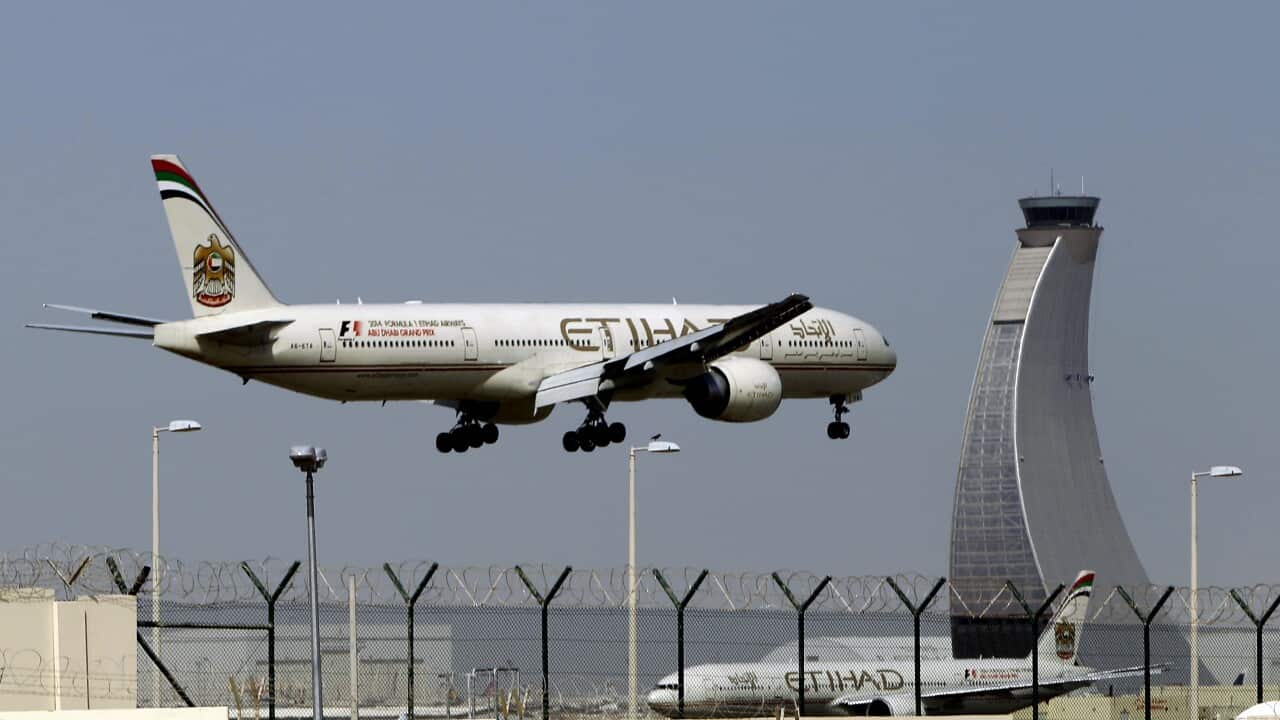 Etihad Airways plane prepares to land at the Abu Dhabi airport in the United Arab Emirates