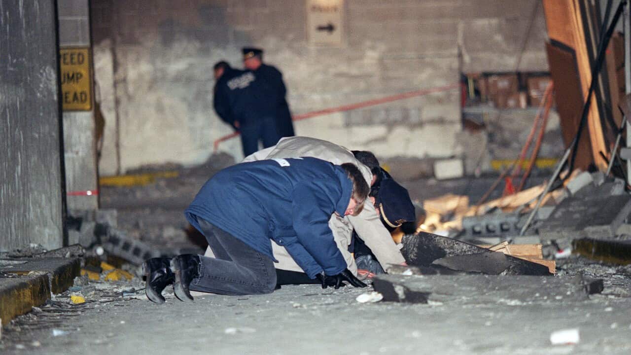 Police search in a garage underneath the World Trade Center,