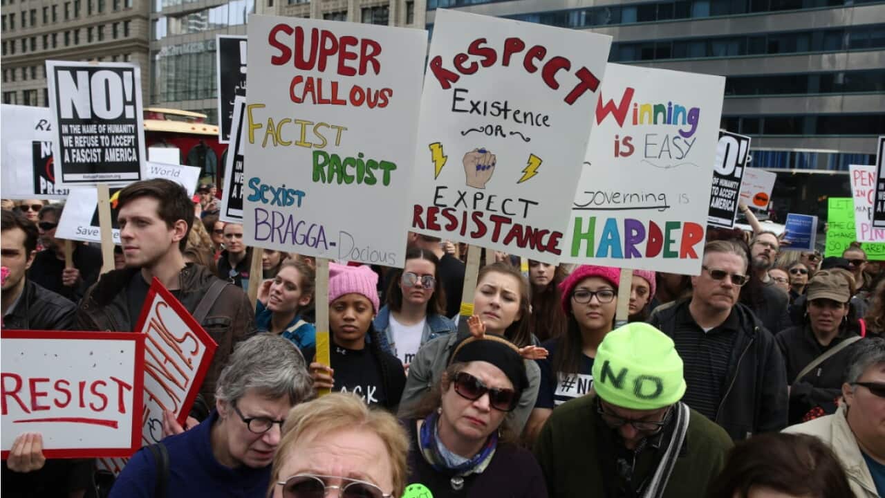 FILE: Thousands of anti-Trump protesters marched across the country as the nation celebrated its Presidents Day holiday