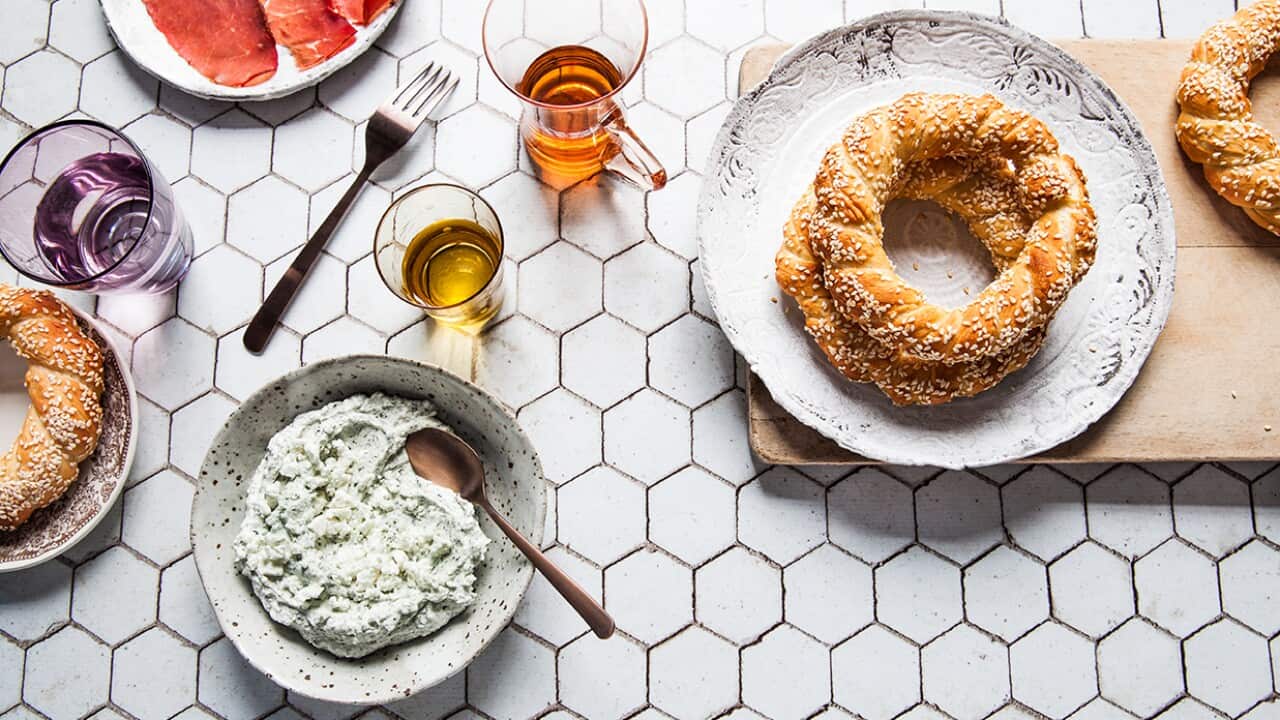 Simit with haydari (Turkish sesame bread with yoghurt dip)