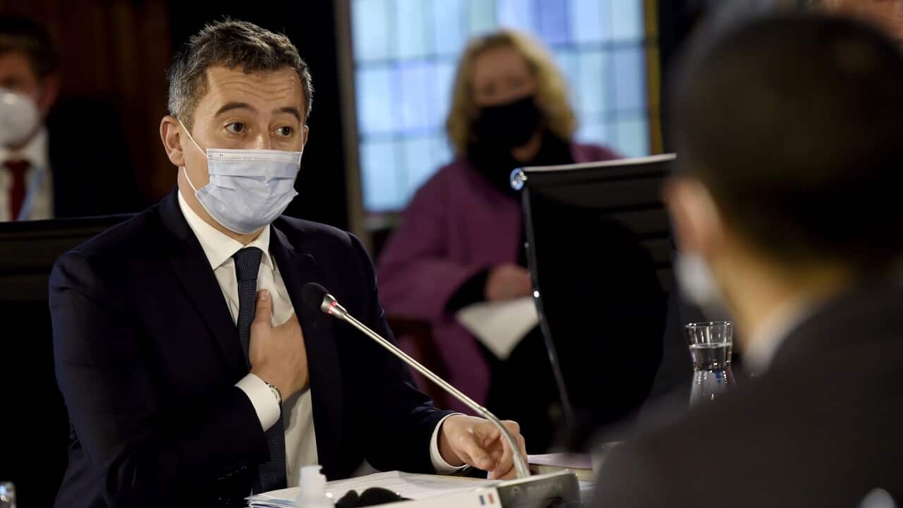 French Interior Minister Gerald Darmanin speaks at the meeting to discuss illegal immigration