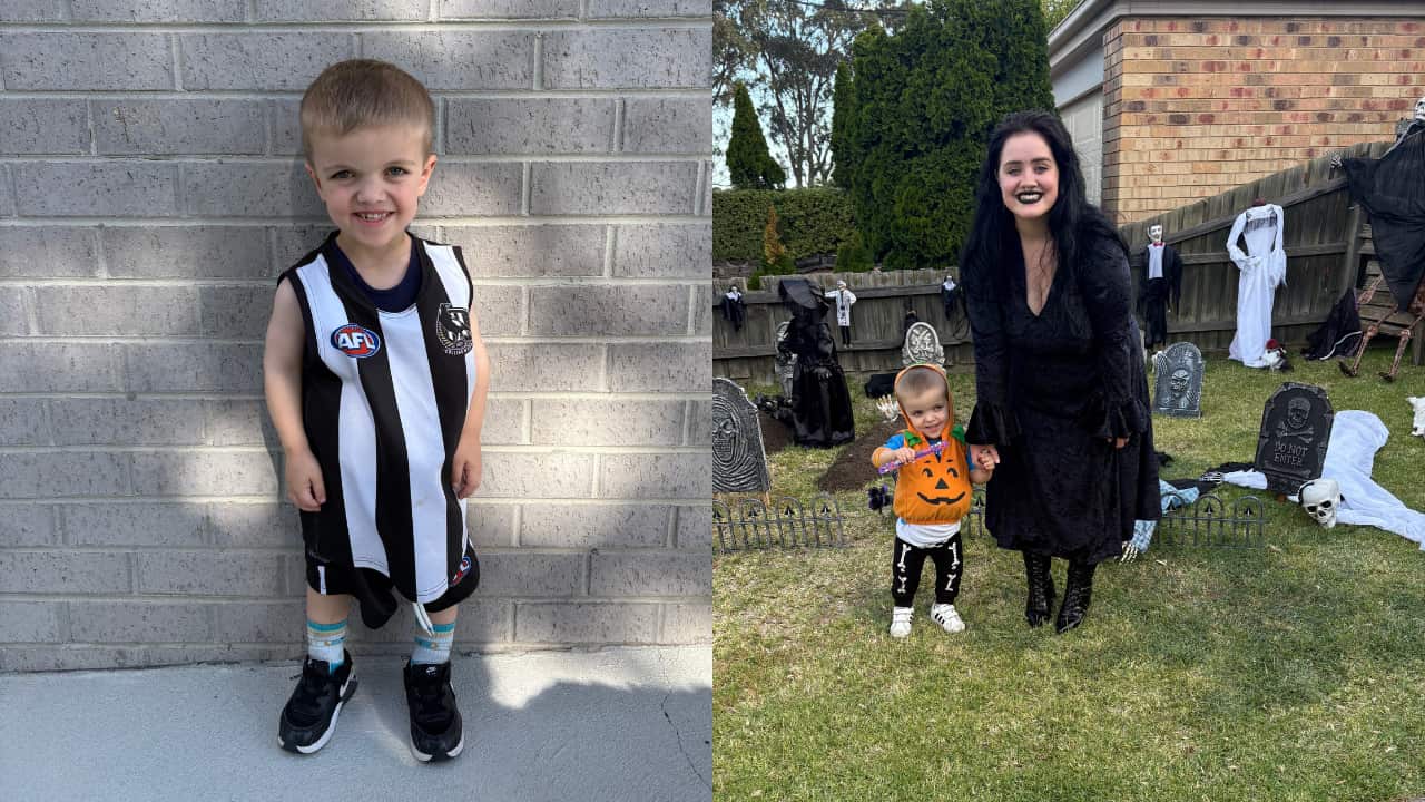A split screen image. On the left is a young boy with achondroplasia wearing a black and white striped AFL jersey. On the right is the same boy dressed as a pumpkin for Halloween, holding hands with his mum, who is wearing all black.