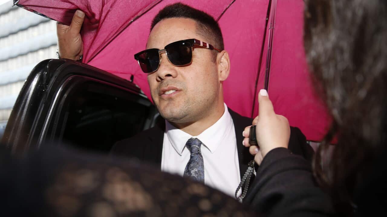 Jarryd Hayne arrives at Newcastle Court in Newcastle, Thursday, May 6, 2021. Former NRL star Jarryd Hayne is due to face a sentence hearing after being found guilty of sexually assaulting a woman in 2018. (AAP Image/Darren Pateman) NO ARCHIVING
