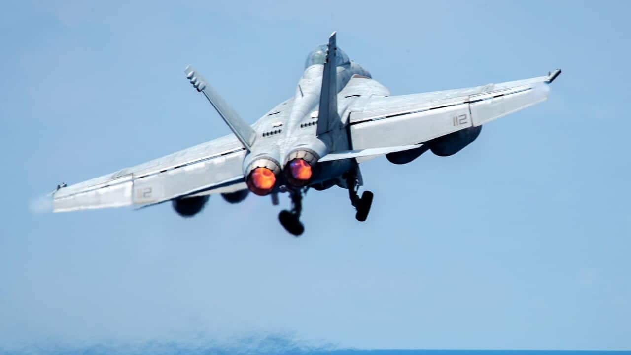 A handout photo made available by the US Department of Defense (DoD) dated 10 April 2017 shows an F/A-18E Super Hornet aircraft.