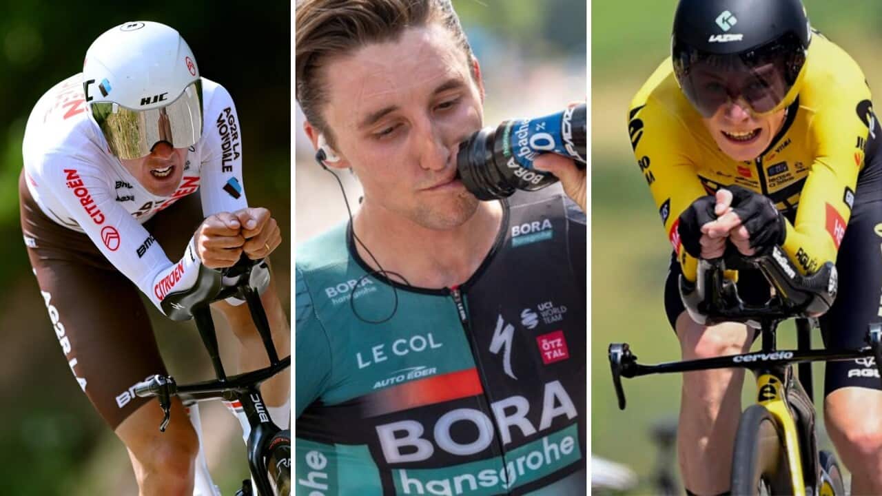 (L to R) Ben O'Connor, Jai Hindley, Jonas Vingegaard at the Criterium du Dauphine 2023.