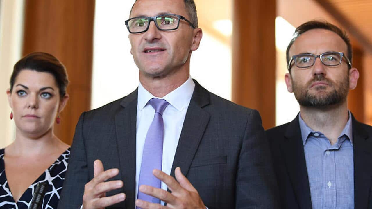 Australian Greens Leader Richard Di Natale speaks to the media during a press conference at Parliament House in Canberra, Friday, Feb. 10, 2017. (AAP Image/Lukas Coch) NO ARCHIVING