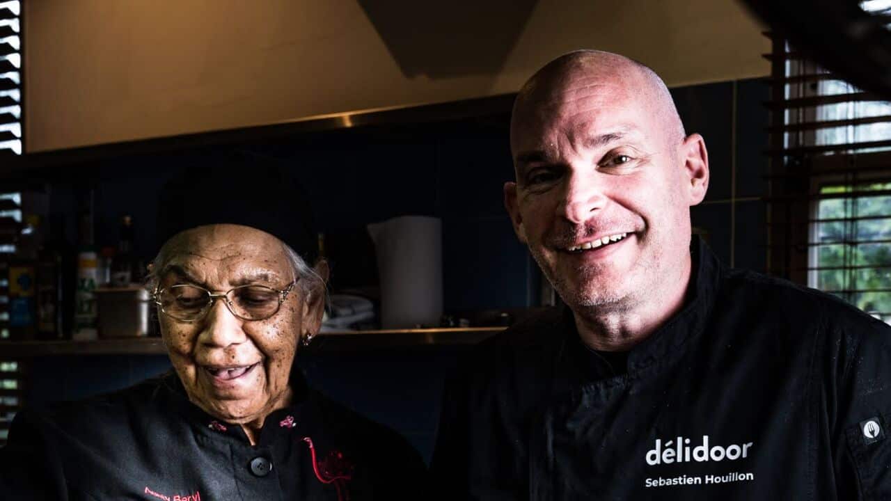 Gomeroi Chef Aunty Beryl working with Délidoor Exec Chef Sebastien Houillon