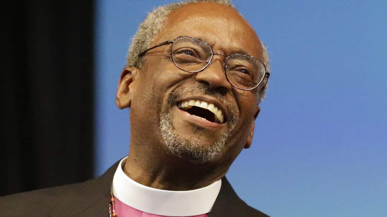 Bishop Michael Curry of North Carolina, smiles after being elected the Episcopal Church's first African-American presiding bishop at the Episcopal General Convention in Salt Lake City.