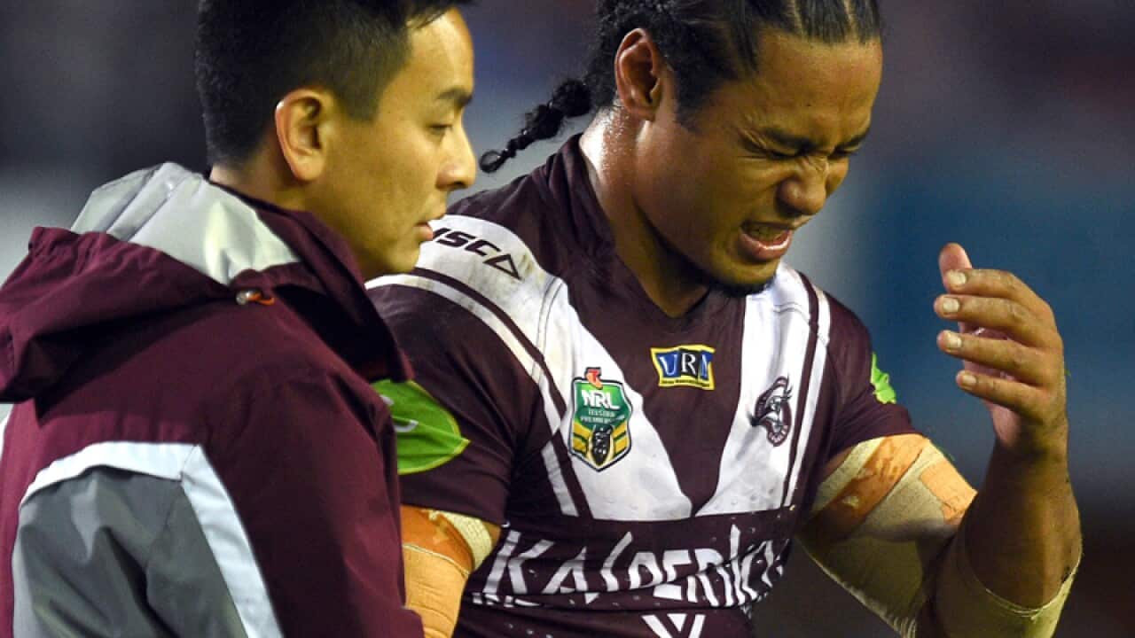 Steve Matai of the Sea Eagles leaves the field