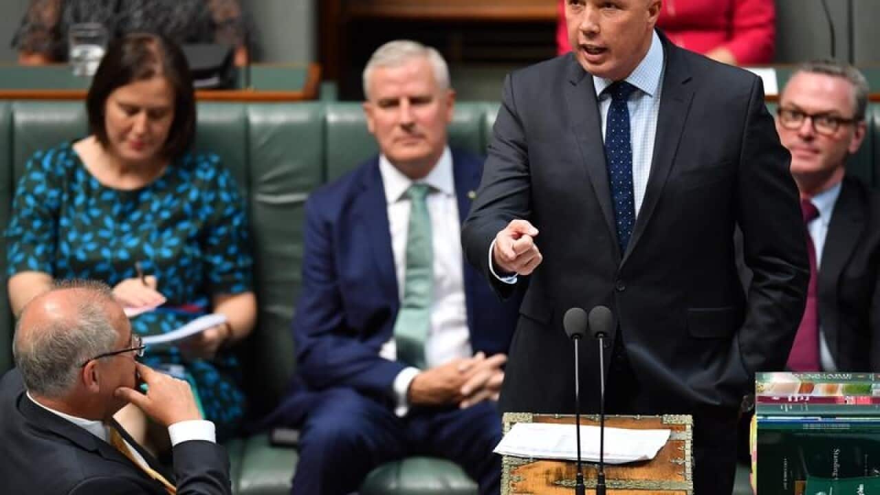 Minister for Home Affairs Peter Dutton (C) during Question Time