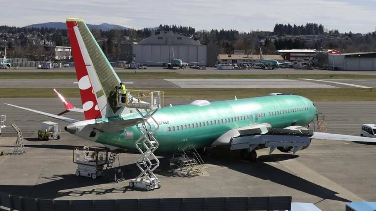 A Boeing 737 MAX 8 at the airport in Renton
