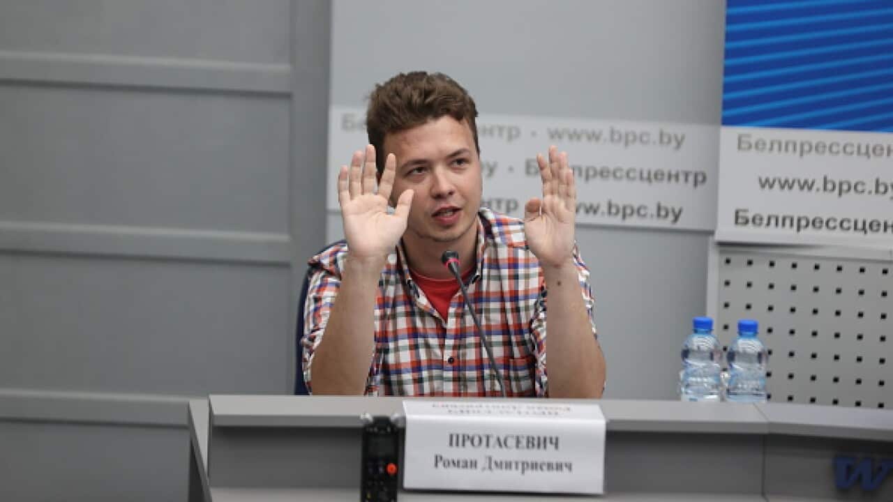 Jailed Belarusian journalist Roman Protasevich speaks during a press conference in Minsk, Belarus on June 14, 2021.