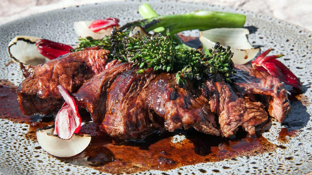 Kangaroo with red wine sauce and rosella