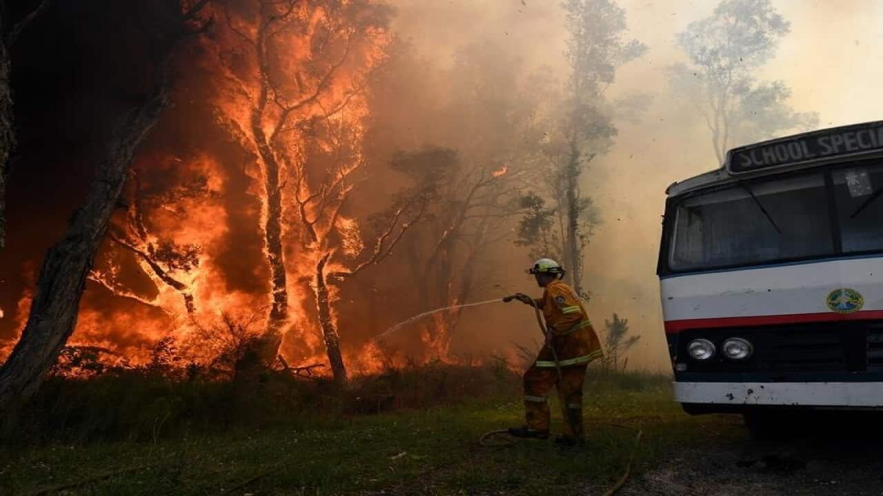 Rural Fire crews battle a bushfire near houses in Salt Ash.