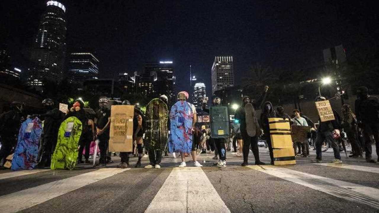 Around one hundred protesters gather during a protest in Los Angeles.