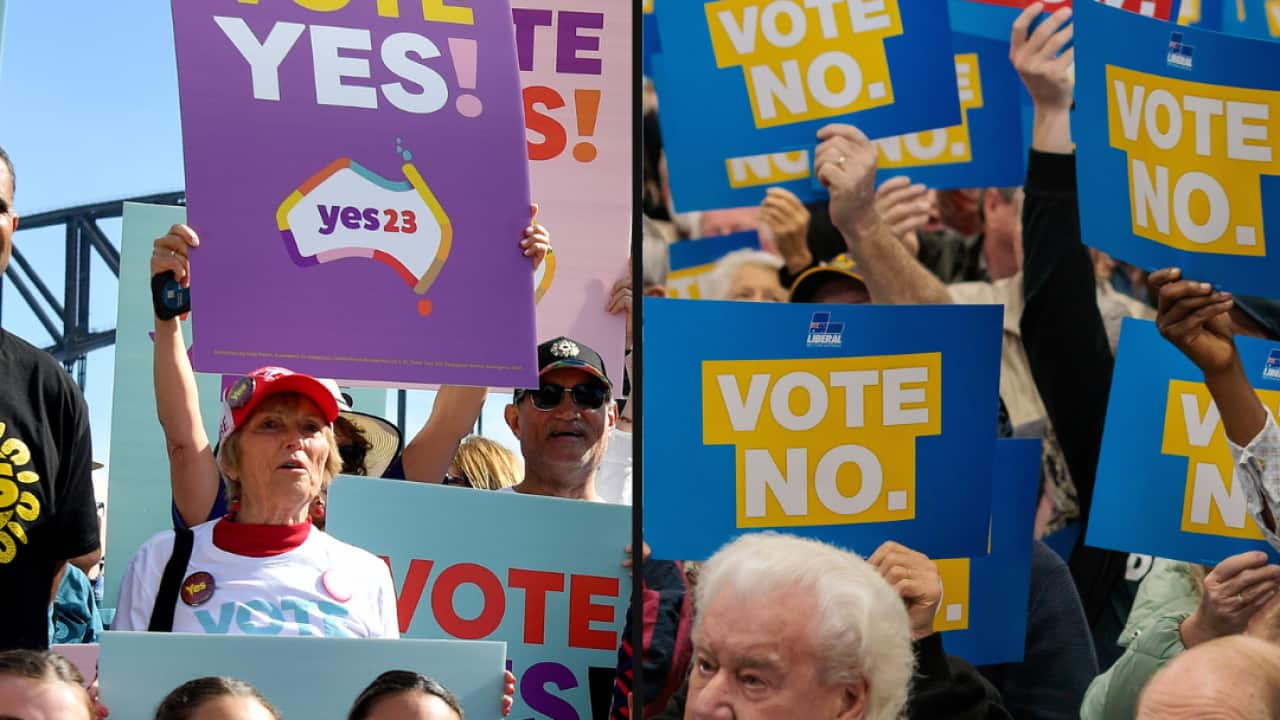 A spit image. On the left are people holding signs that read "Vote Yes!". On the right are people holding signs that read "Vote No.".