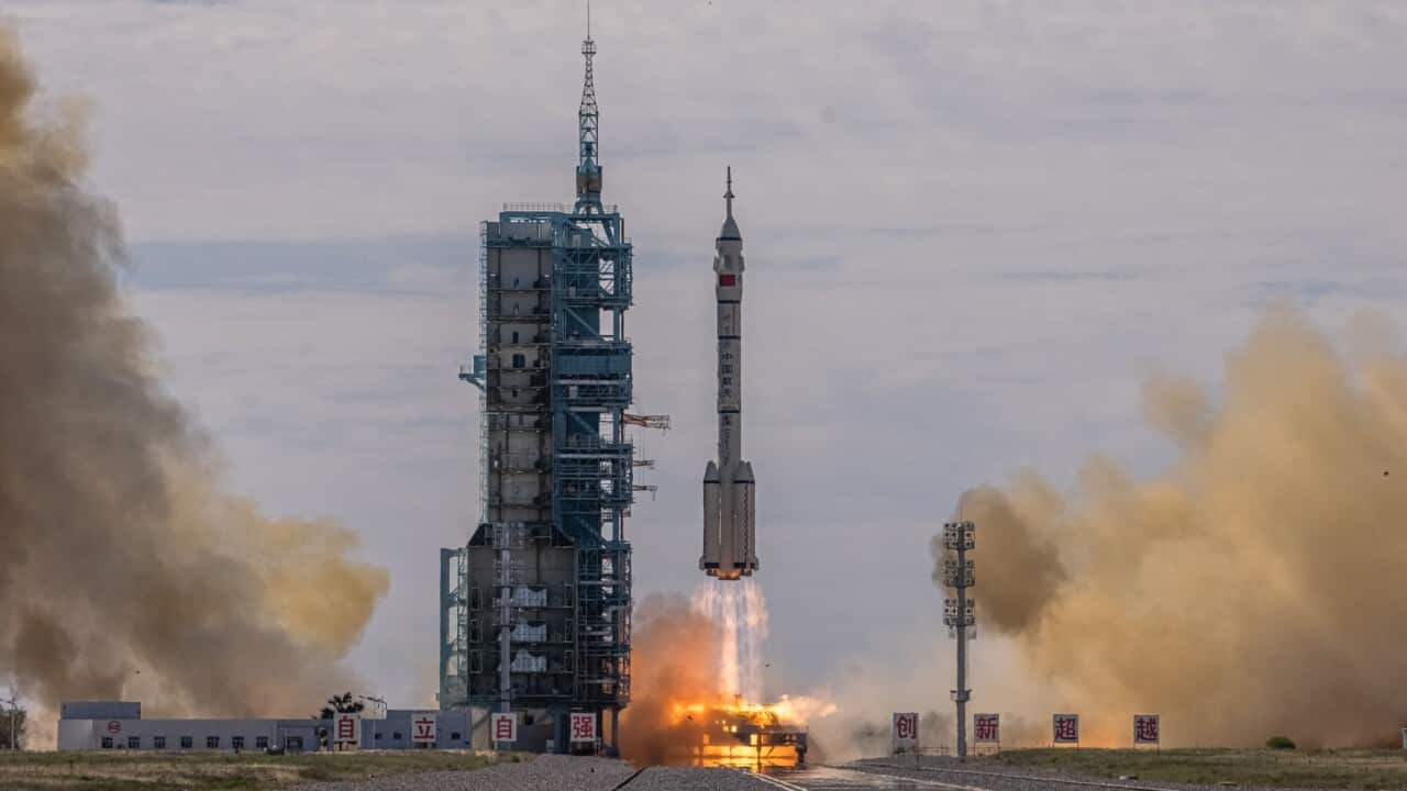 The Long March-2F carrier rocket, carrying the Shenzhou-12, takes off from the launch site at the Jiuquan Satellite Launch Center
