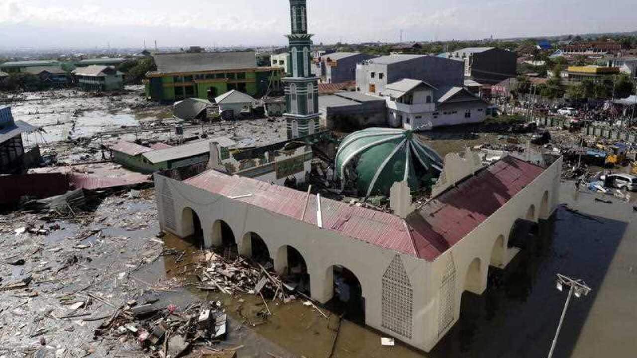 A general view of a tsunami devastated mosque in Talise beach, Palu, Central Sulawesi, Indonesia, 30 September 2018.