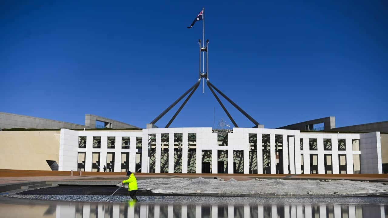 A general view of Parliament House in Canberra, Thursday, August 12, 2021. The Federal Parliament has been closed to the public and functioning with building access limited to essential business. (AAP Image/Lukas Coch) NO ARCHIVING