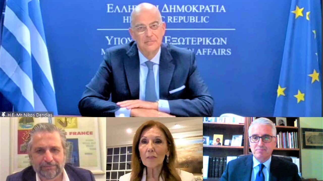 Greek FM Nikos Dendias, Dr Nicholas Doumanis, Professor Helen Zorbas, Nicholas G Pappas.