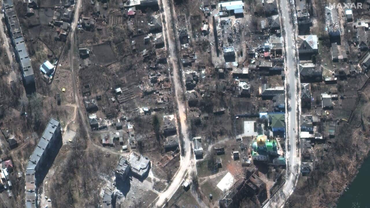 RUSSIANS INVADE UKRAINE -- MARCH 24, 2022: 16 Maxar satellite imagery of damaged buildings and the hospital, downtown Izyum, Ukraine. 24march2022_wv3. Please use: Satellite image (c) 2022 Maxar Technologies.