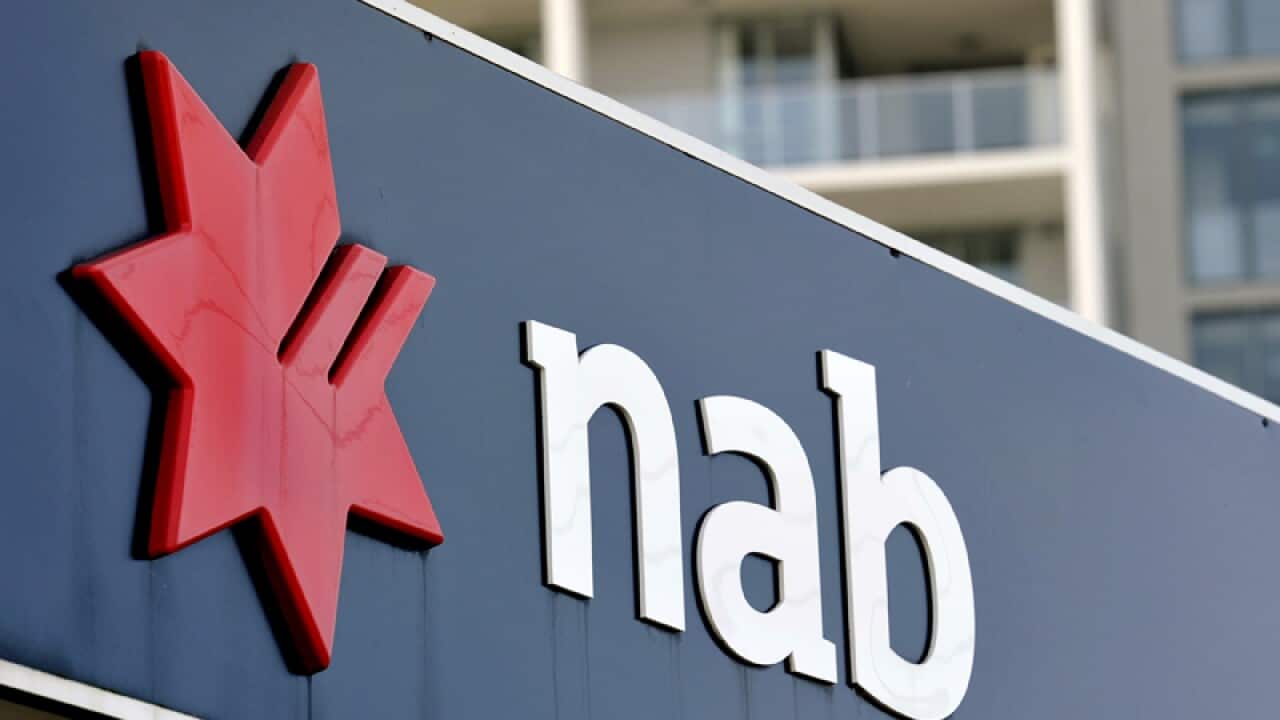 Residential apartment housing seen behind NAB bank signage