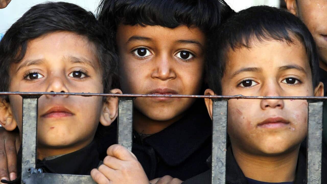 Yemeni students attend morning assembly as they resume the second term of classes at a school in Sana'a, Yemen, 10 February 2018.