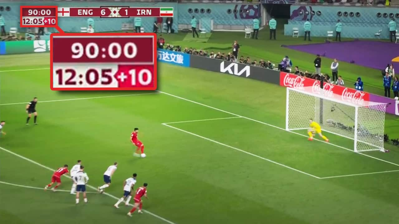 More than 10 minutes stoppage time showing on the clock during a game between England and Iran.