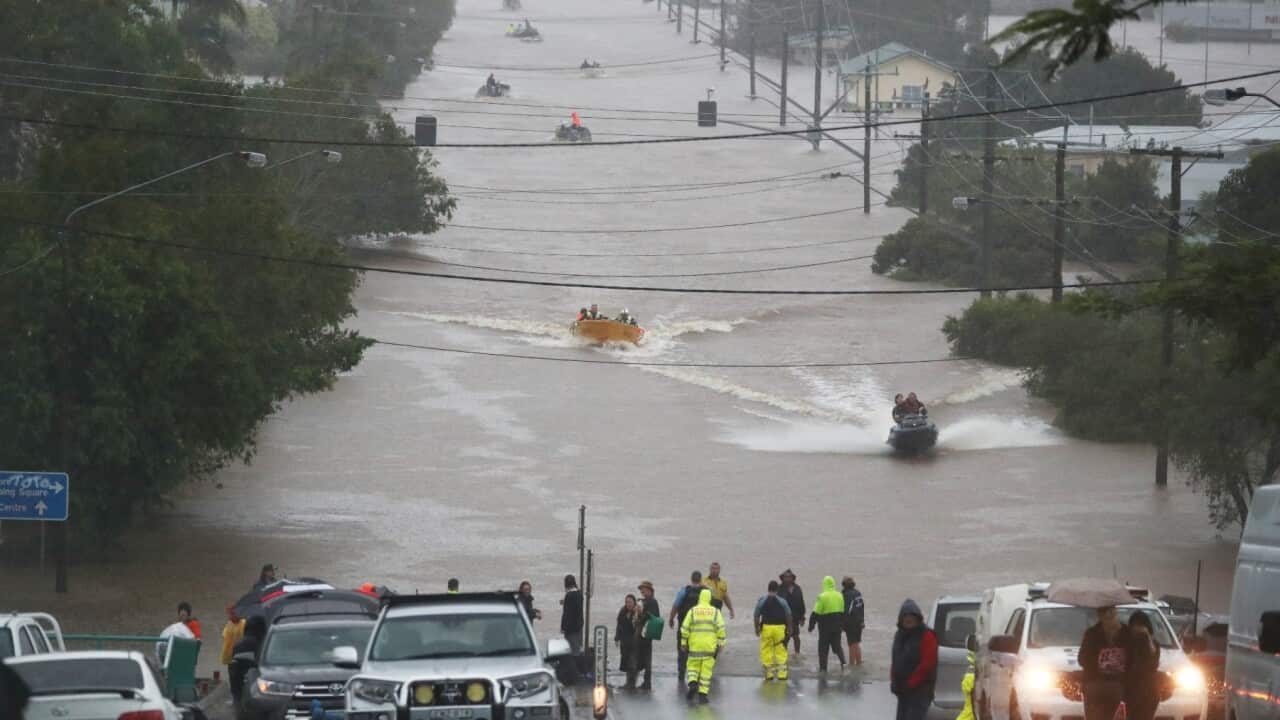 Flooding occurs in the town of Lismore, northeastern New South Wales, Monday, February 28, 2022. A severe weather warning is in place for southeast Queensland and areas in northern NSW as wild weather and dangerous flooding continues to severely impact la