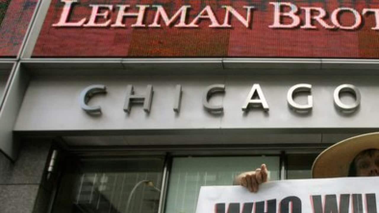 A sign in front of Lehman Brothers in New York on September 15, 2008.
