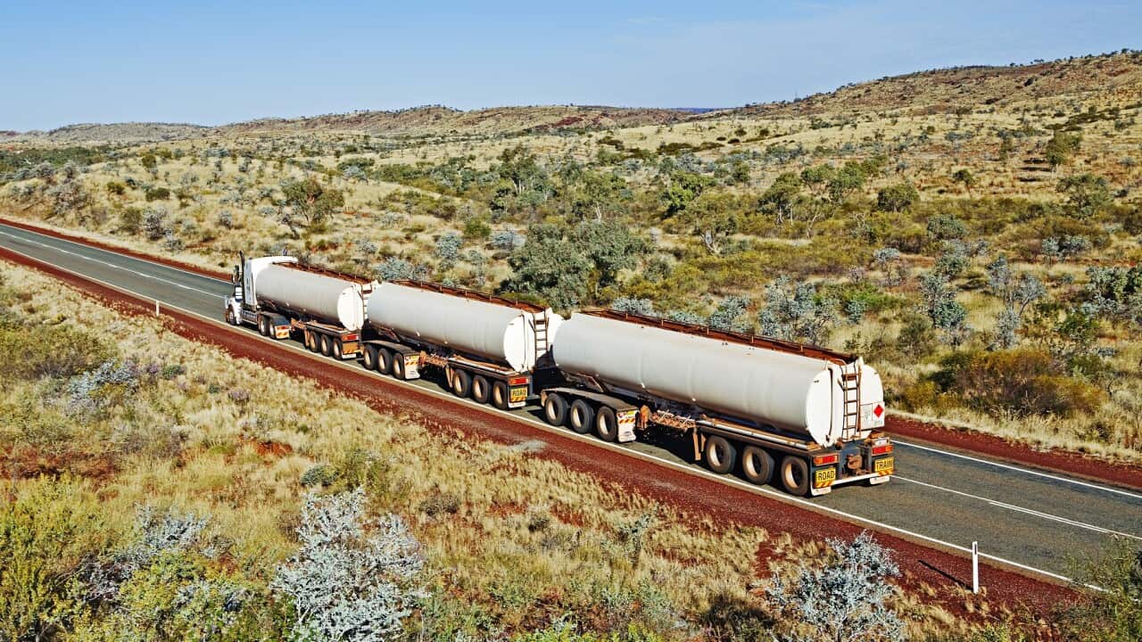 A road train hauls natural gas from Port Hedland to Newman