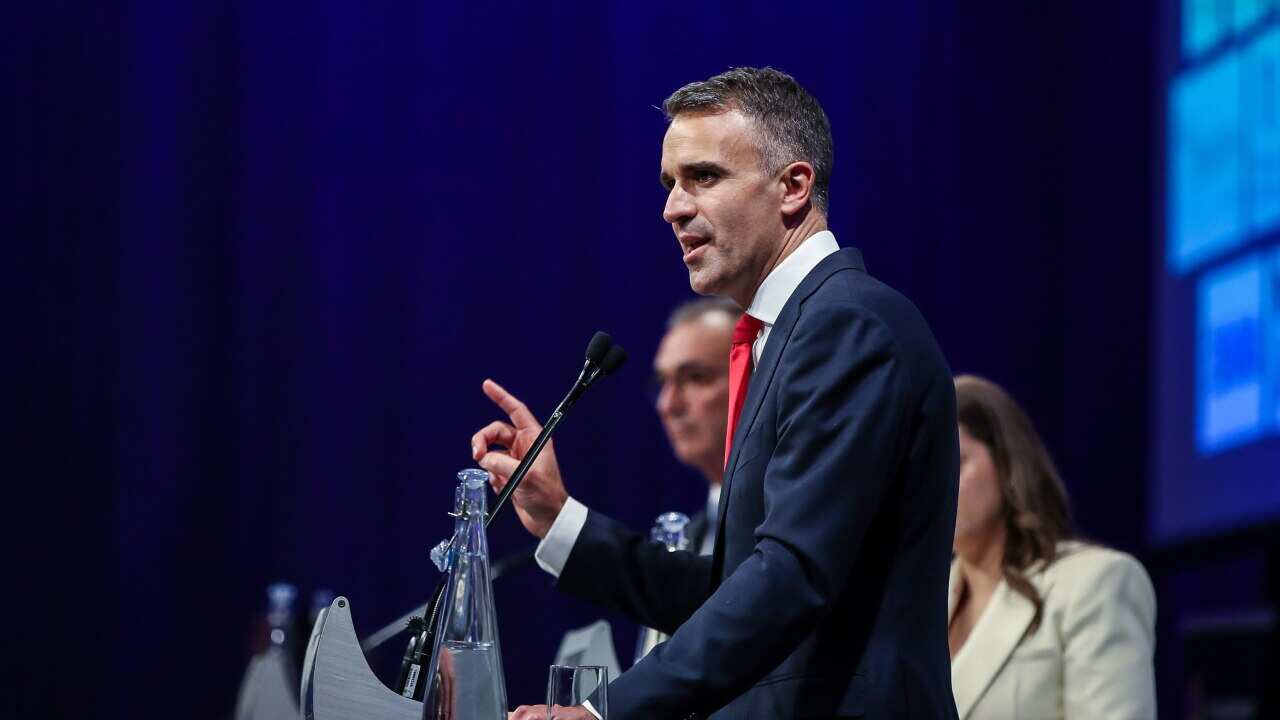 SA Opposition Leader Peter Malinauskas talks during a leaders debate with SA Premier Steven Marshall at the South Australia Press Club in Adelaide, Thursday, March 10, 2022. (AAP Image/Matt Turner) NO ARCHIVING