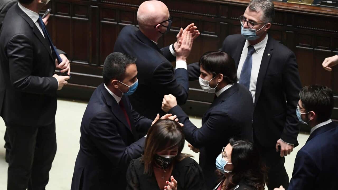 Luigi Di Maio celebrates with Alfonso Bonafede and Roberto Speranza after the confidence vote for Italian Premier Giuseppe Conte.