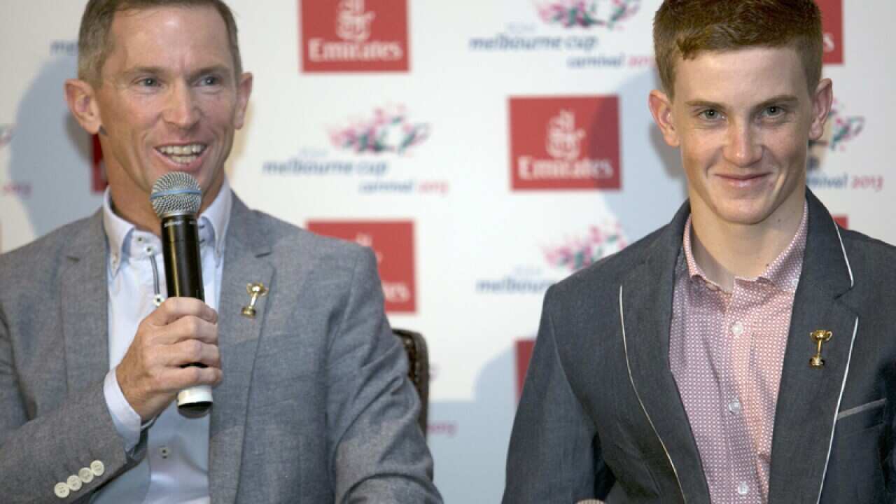 Father and son jockeys Glyn (L) and Chad Schofield