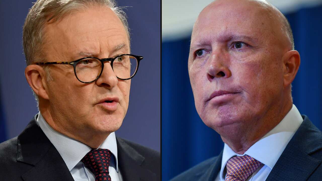 A split image. On the left is Prime Minister Anthony Albanese, on the right is Opposition leader Peter Dutton.