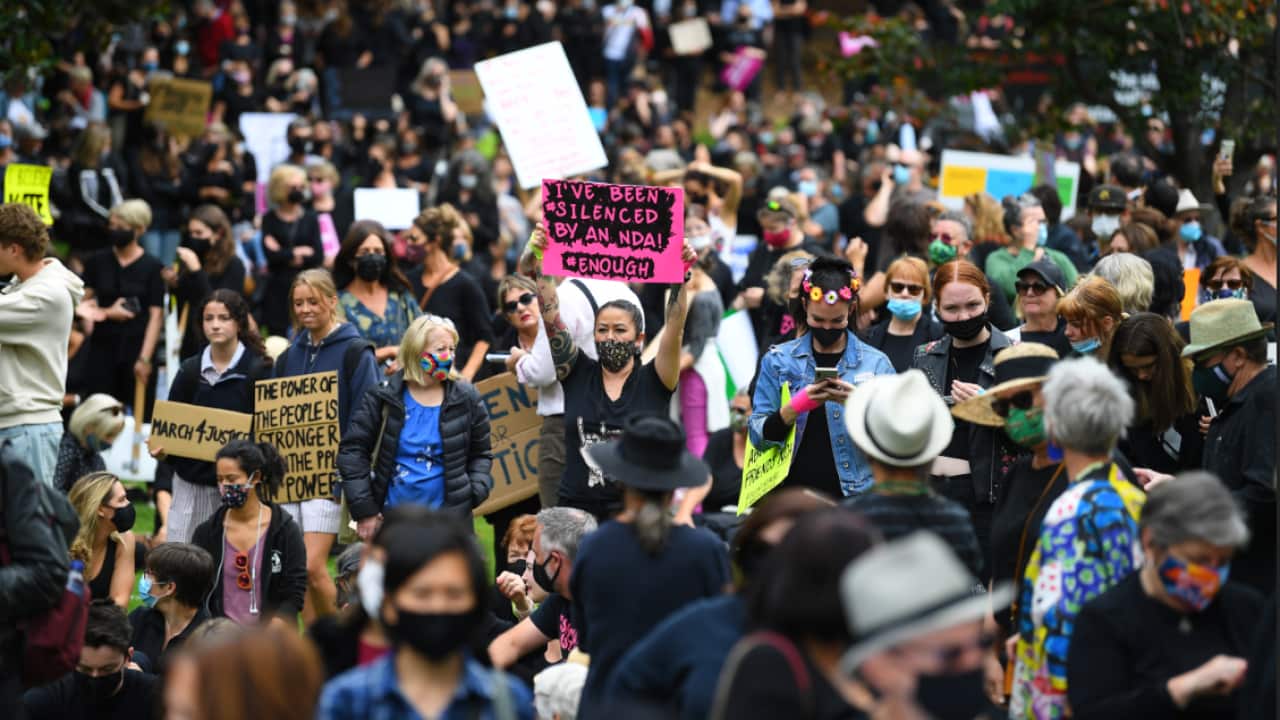 Thousands gather at the March4Justice demonstration in Melbourne on Monday. 
