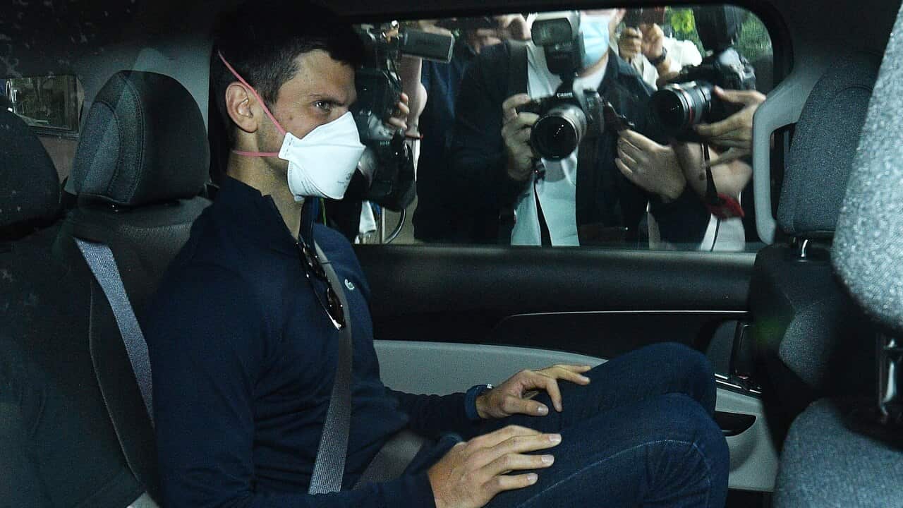 Serbian tennis player Novak Djokovic departs from the Park Hotel