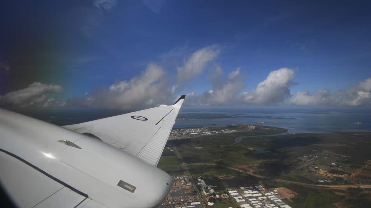 View from an airplane approaching approaching Darwin airport in Darwin, Thursday, April 18, 2019. (AAP Image/Lukas Coch) NO ARCHIVING