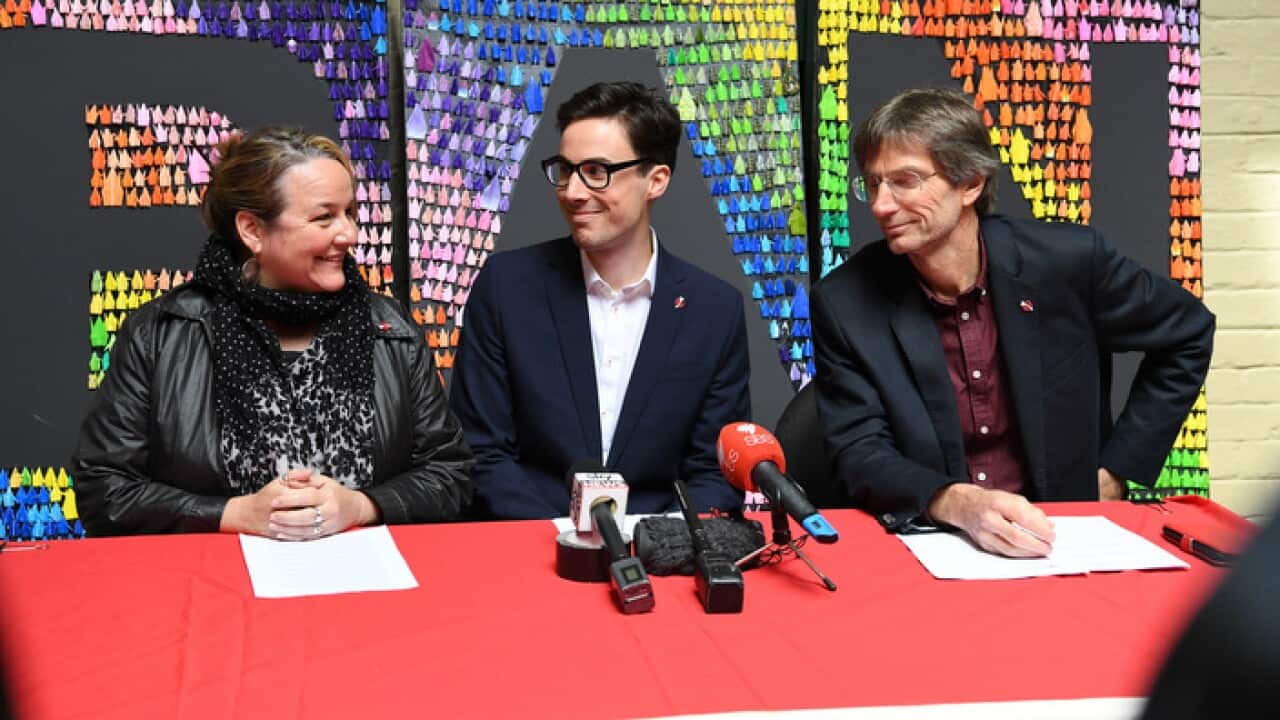 ICAN Members Dimity Hawkins, Tim Wright and Tilman Ruff at the Victorian Trades Hall Council in Carlton.