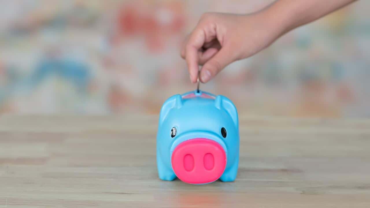 Close-up of a young woman's hand putting a coin in a piggy bank, ideas and financial growth