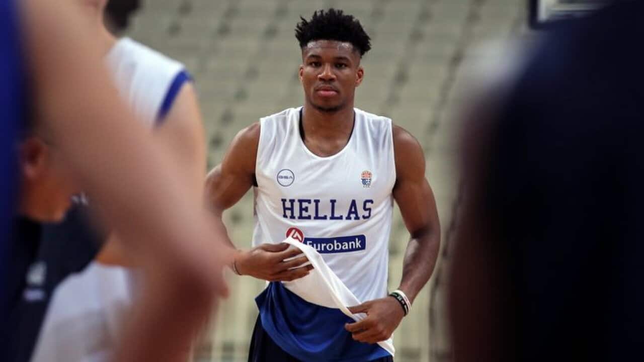 Giannis Antetokounmpo, of the Milwaukee Bucks, center, takes part in a training session of the Greek national team on Friday, Aug. 2, 2019 ahead of the FIBA Basketball World Cup 2019 in China.(AP Photo/Petros Giannakouris)