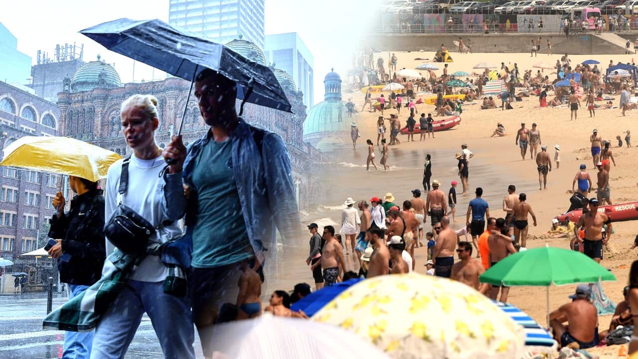 A composite image of people with umbrellas in the rain and people at the beach.