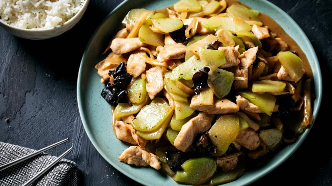 Chicken, choko and black fungus stir-fry