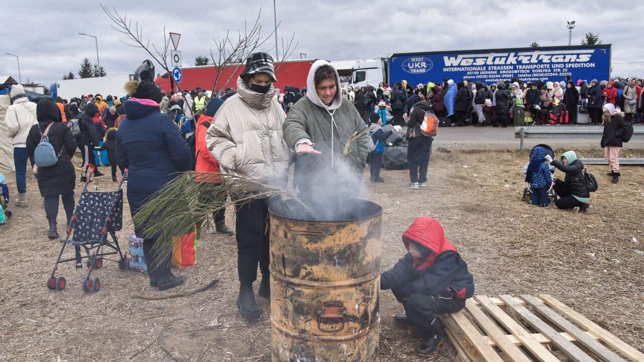 War refugees from Ukraine at the Ukrainian-Polish border crossing point Krakowiec-Korczowa,