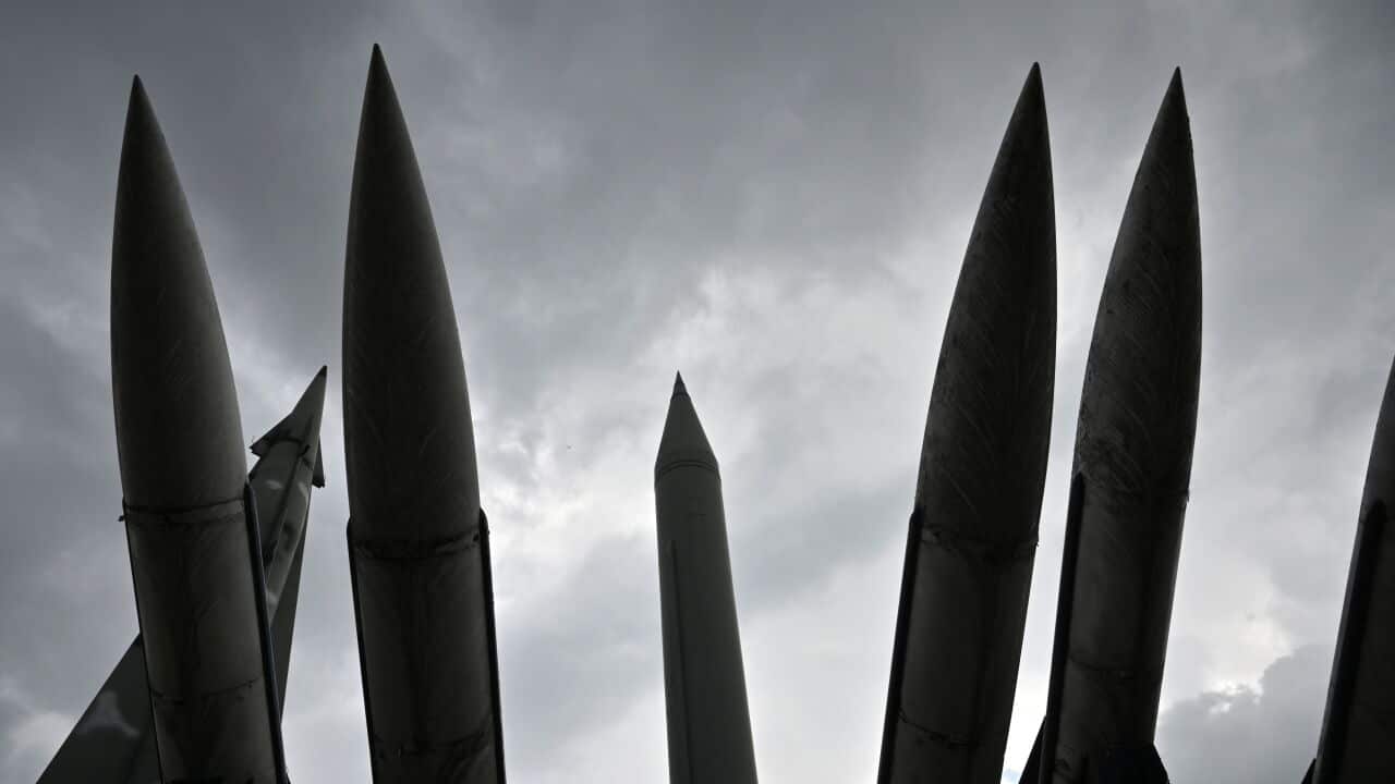 Replicas of a North Korean Scud-B missile (C) and South Korea's Hawk missiles (R) are displayed at the Korean War Memorial in Seoul.